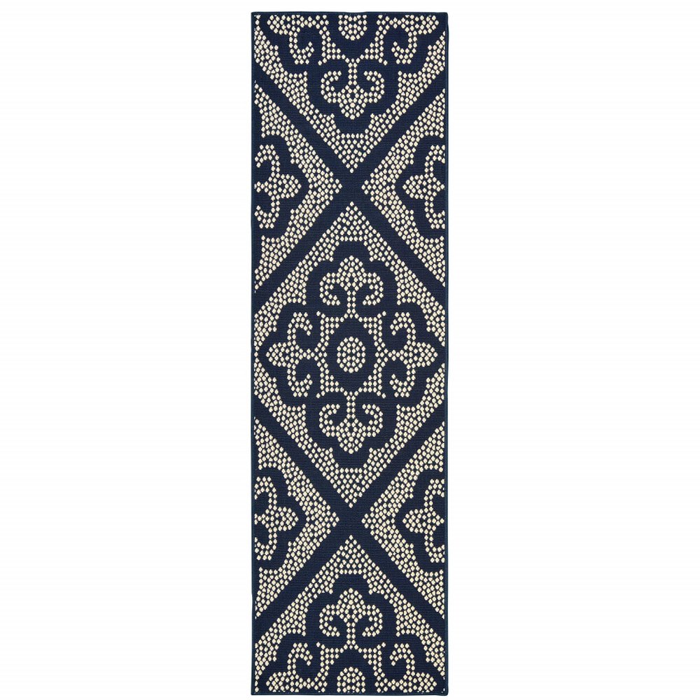2' X 8' Blue and Ivory Geometric Stain Resistant Indoor Outdoor Area Rug