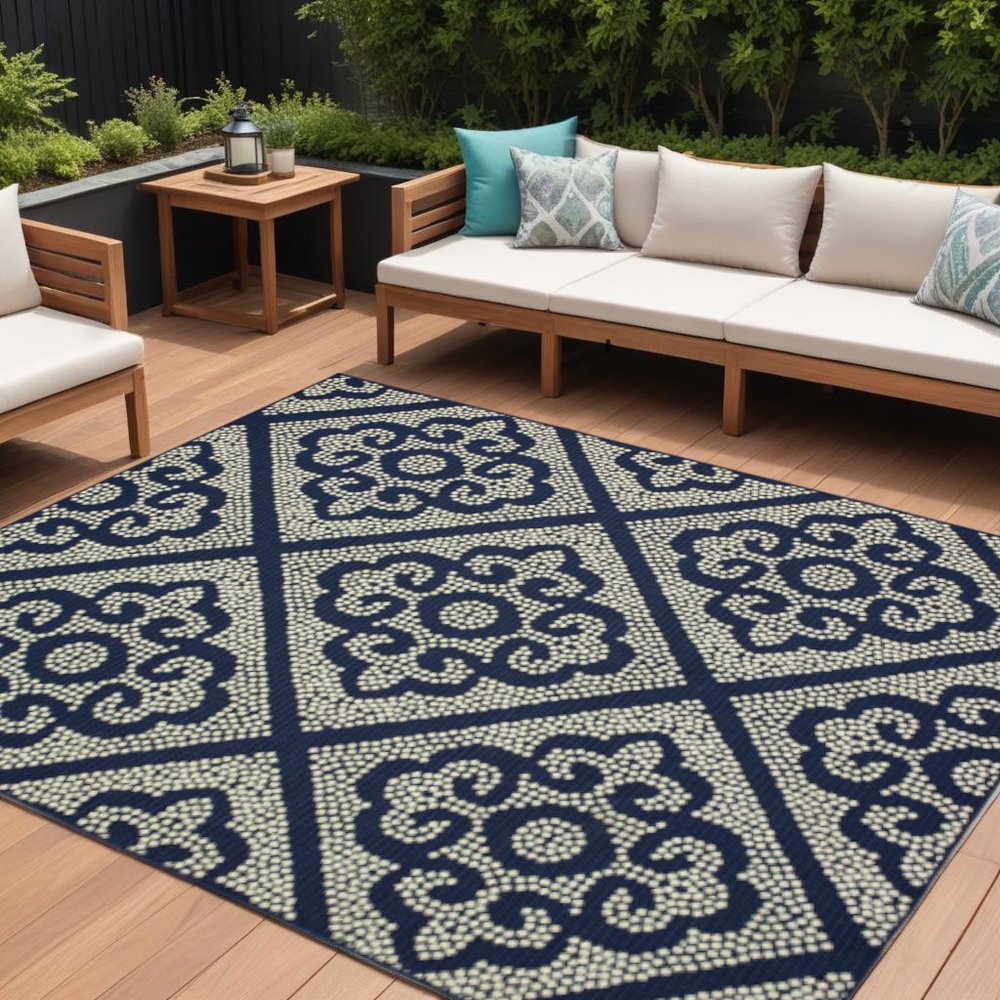 7' X 10' Blue and Ivory Geometric Stain Resistant Indoor Outdoor Area Rug