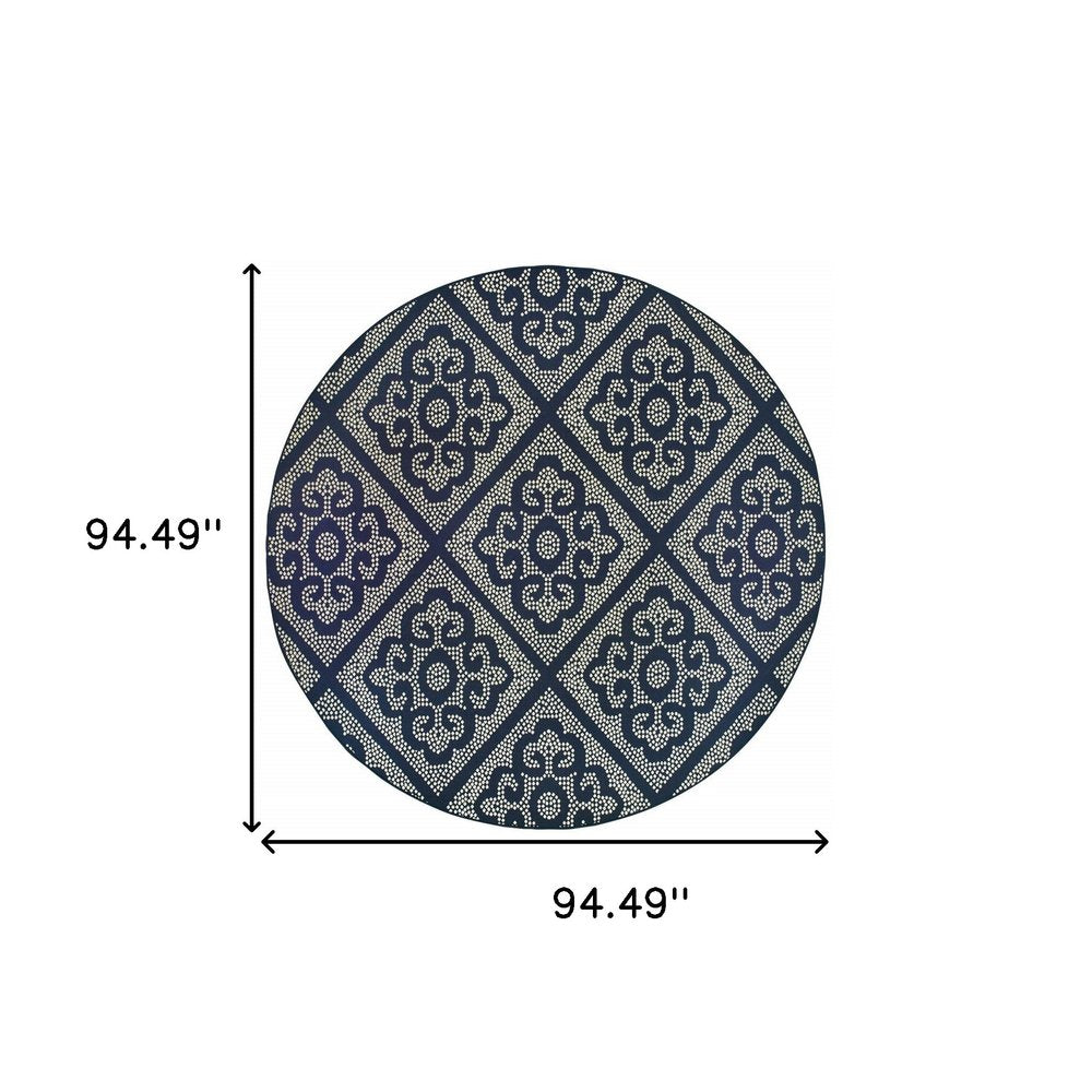 8' X 8' Blue and Ivory Round Geometric Stain Resistant Indoor Outdoor Area Rug
