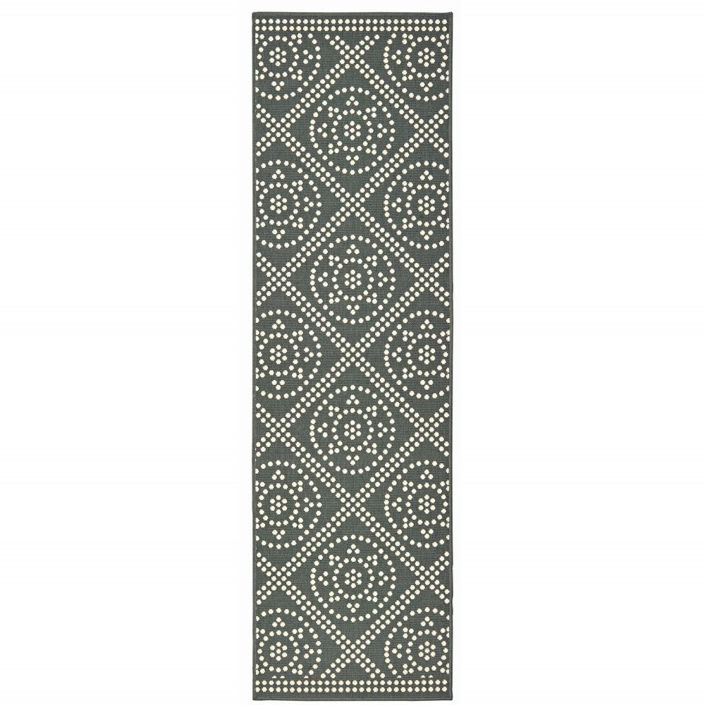 2' X 8' Gray and Ivory Geometric Stain Resistant Indoor Outdoor Area Rug