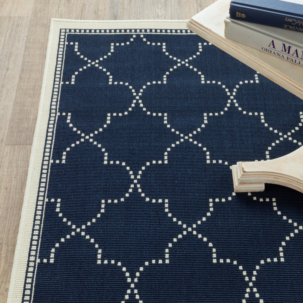 4' X 6' Blue and Ivory Geometric Stain Resistant Indoor Outdoor Area Rug