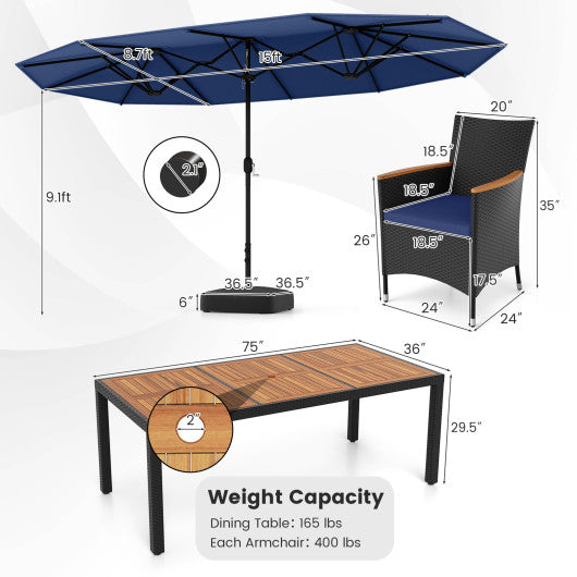 10 Piece Outdoor Patio Dining Set with 15 Feet Double-Sided Twin Umbrella-Navy