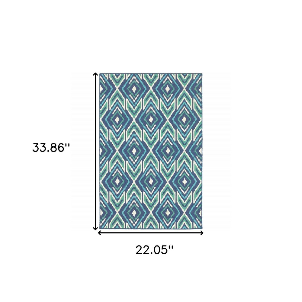 2' X 3' Blue and Ivory Geometric Stain Resistant Indoor Outdoor Area Rug