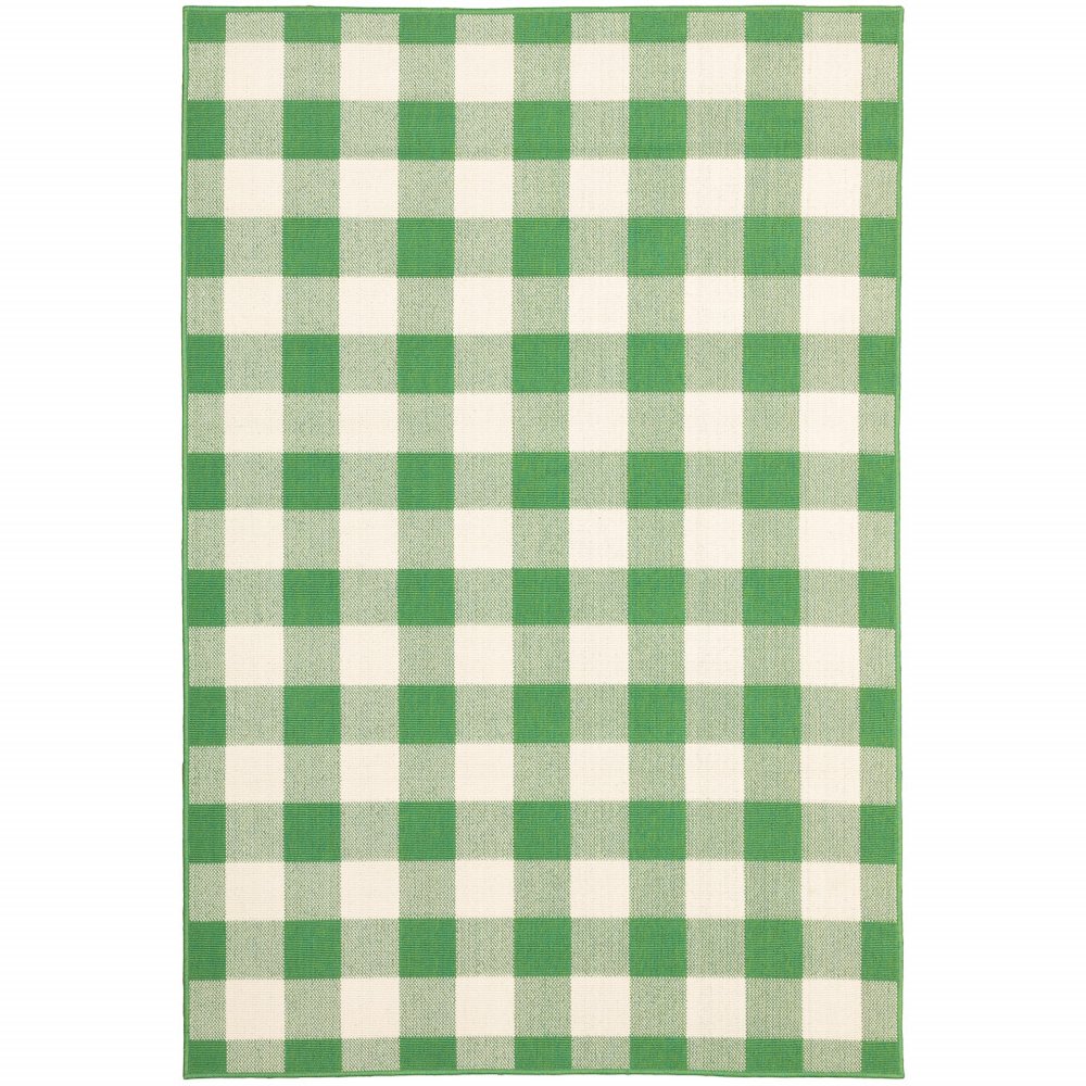 9' X 13' Green and Ivory Geometric Stain Resistant Indoor Outdoor Area Rug