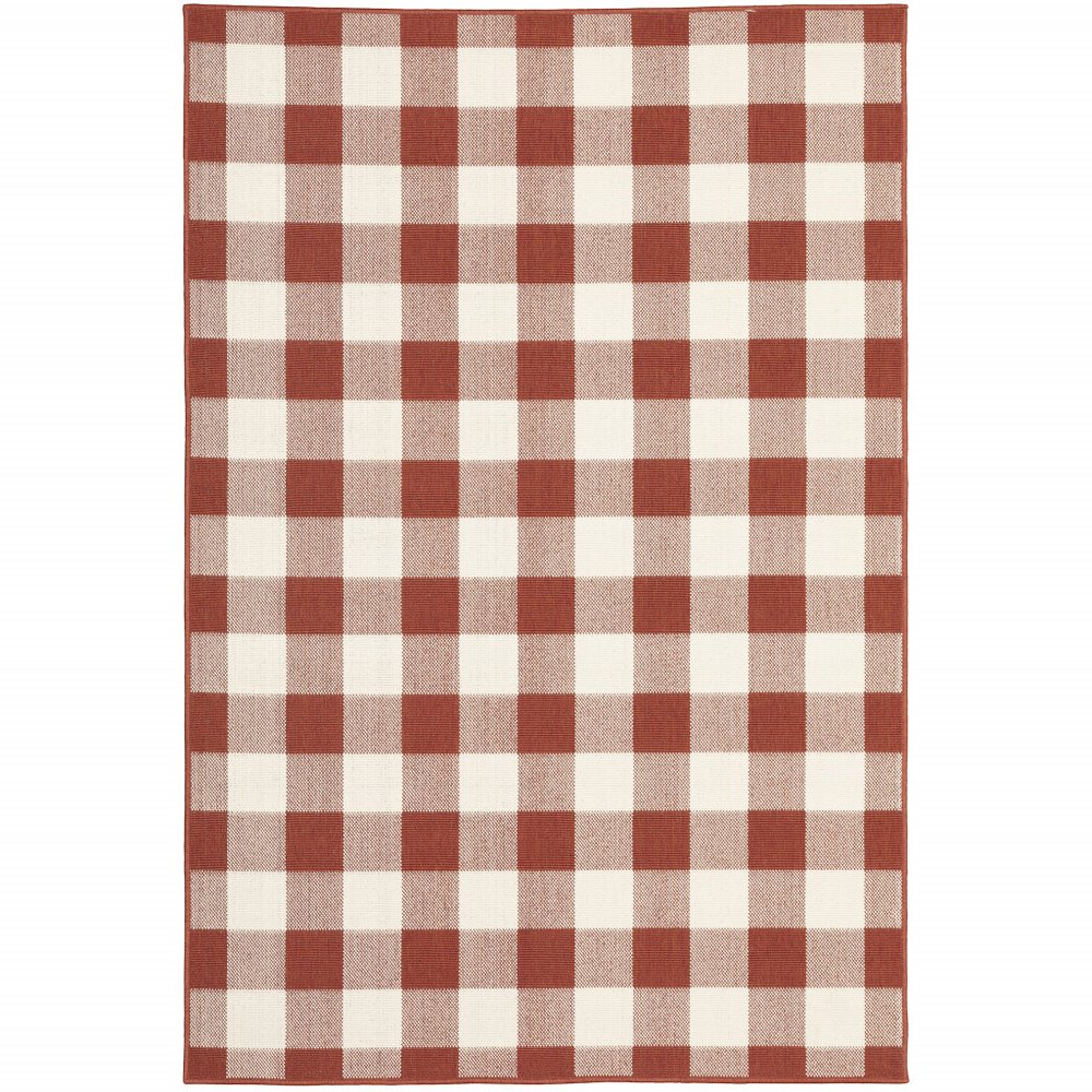 7' X 10' Red and Ivory Geometric Stain Resistant Indoor Outdoor Area Rug