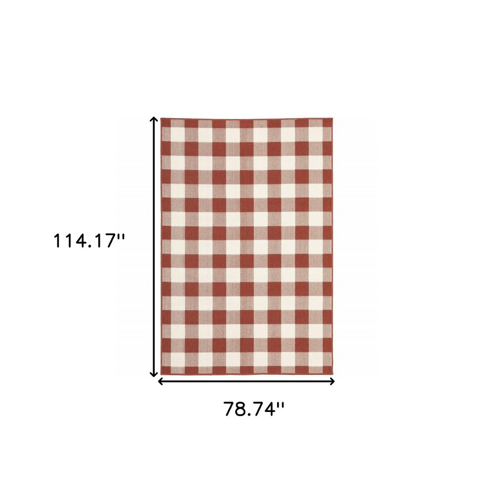 7' X 10' Red and Ivory Geometric Stain Resistant Indoor Outdoor Area Rug