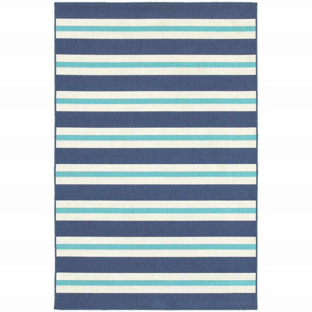 7' X 10' Blue and Ivory Geometric Stain Resistant Indoor Outdoor Area Rug
