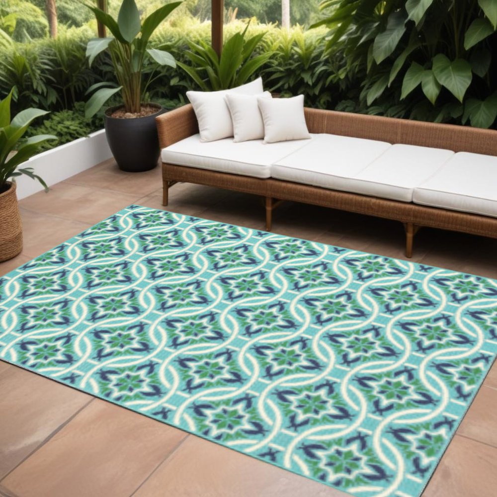 9' X 13' Blue and Green Geometric Stain Resistant Indoor Outdoor Area Rug