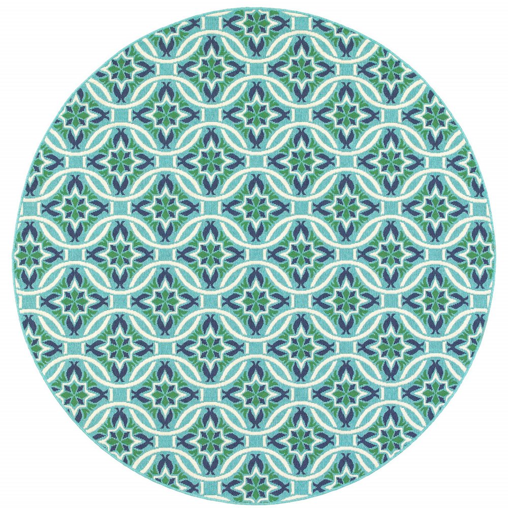 8' X 8' Blue and Green Round Geometric Stain Resistant Indoor Outdoor Area Rug