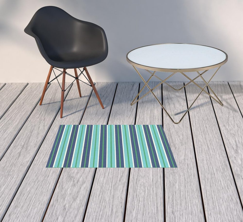 2' X 3' Blue and Green Geometric Stain Resistant Indoor Outdoor Area Rug
