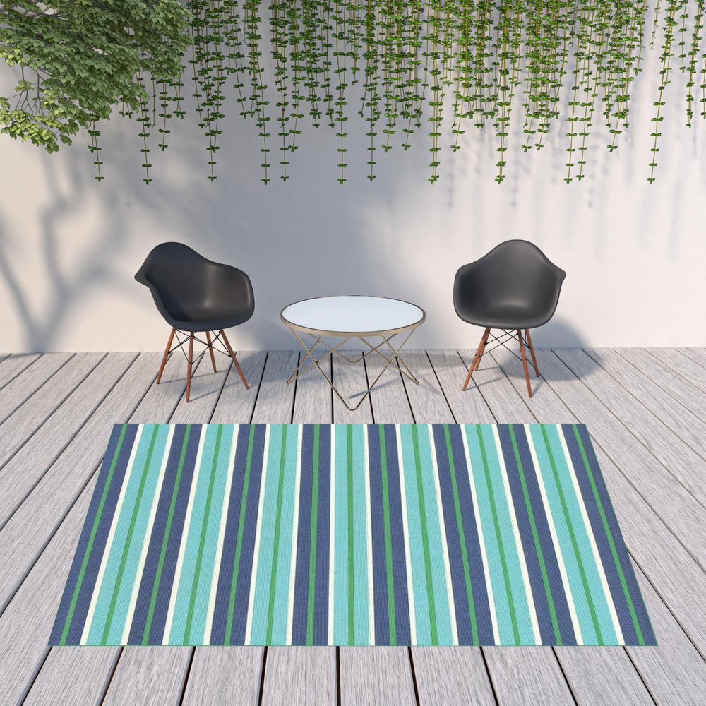 8' X 11' Blue and Green Geometric Stain Resistant Indoor Outdoor Area Rug