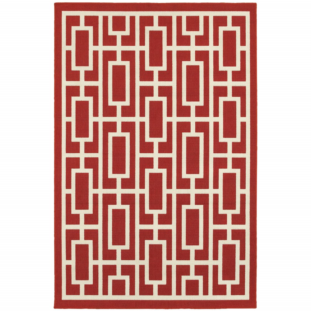 7' X 10' Red and Ivory Geometric Stain Resistant Indoor Outdoor Area Rug
