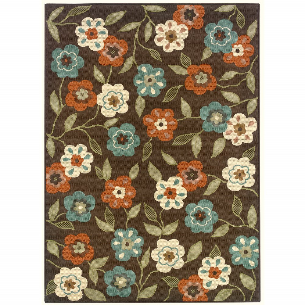 7' X 10' Brown and Ivory Floral Stain Resistant Indoor Outdoor Area Rug