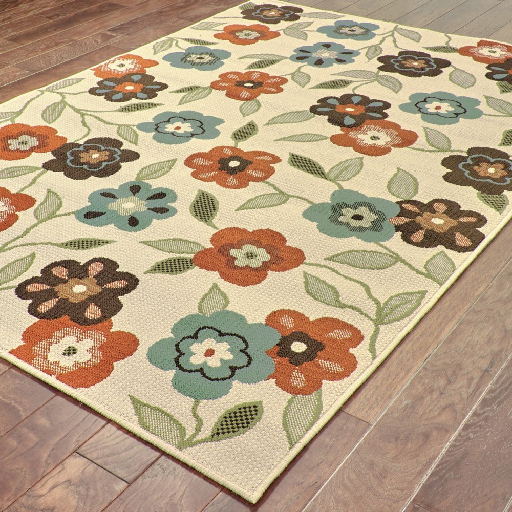 7' X 10' Brown and Ivory Floral Stain Resistant Indoor Outdoor Area Rug