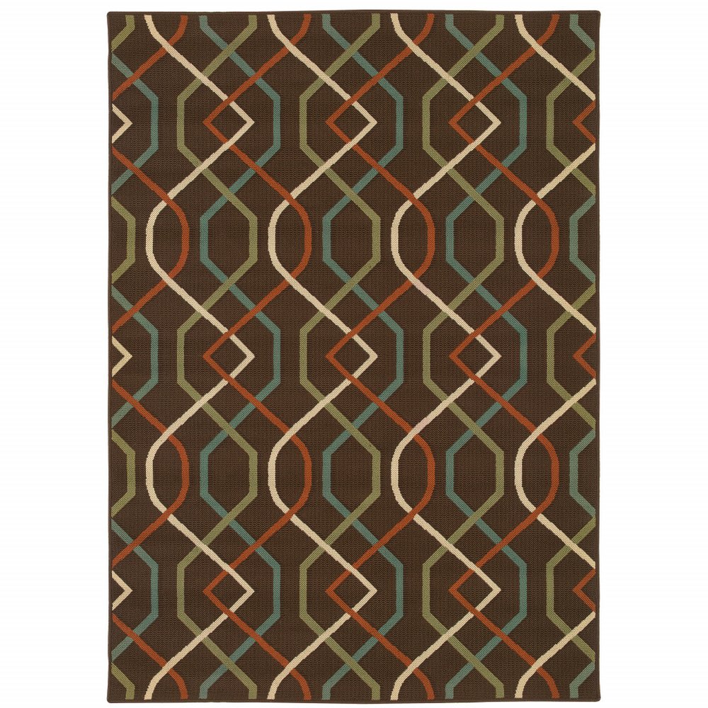 9' X 13' Brown and Ivory Geometric Stain Resistant Indoor Outdoor Area Rug