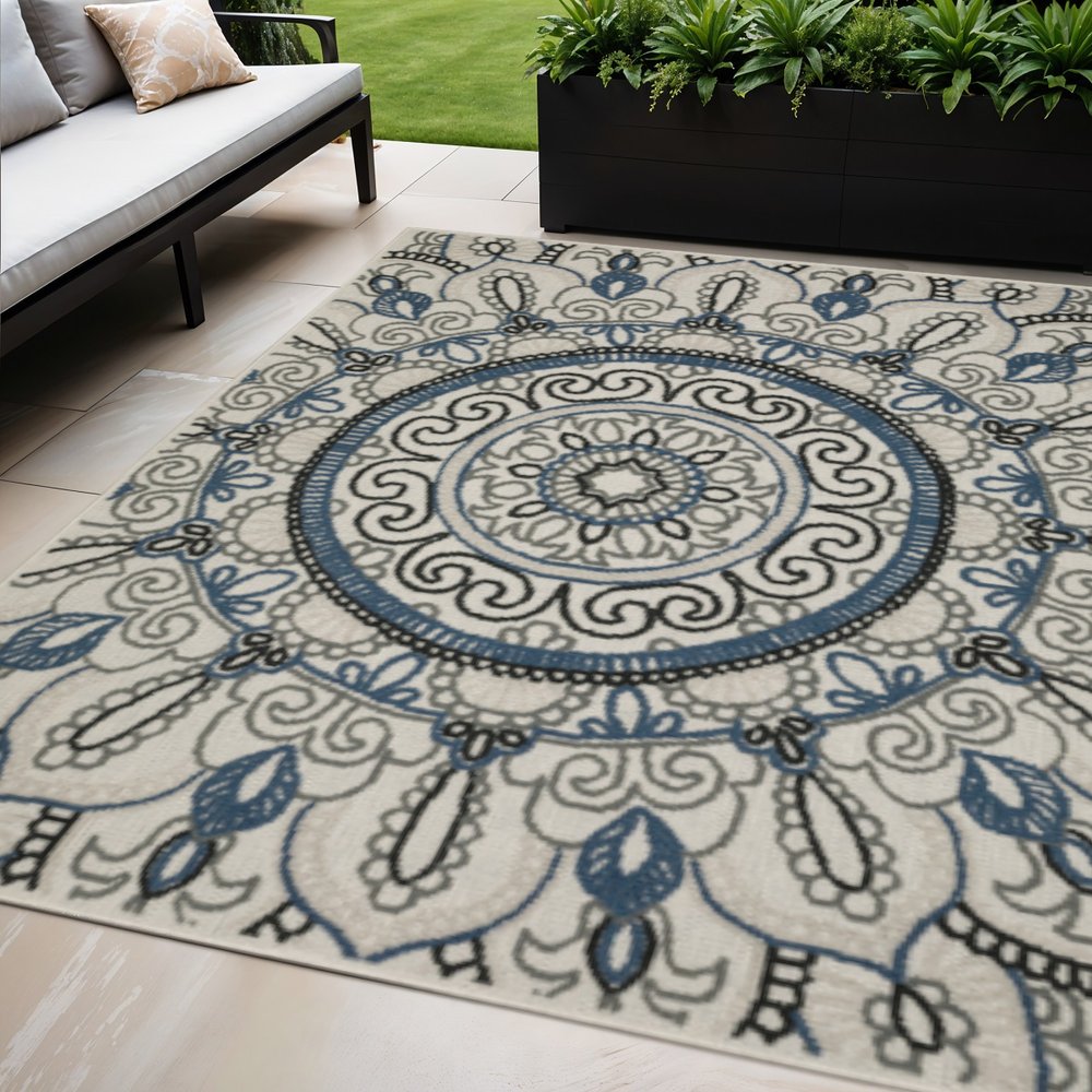 5' X 7' Blue and Beige Geometric Stain Resistant Indoor Outdoor Area Rug