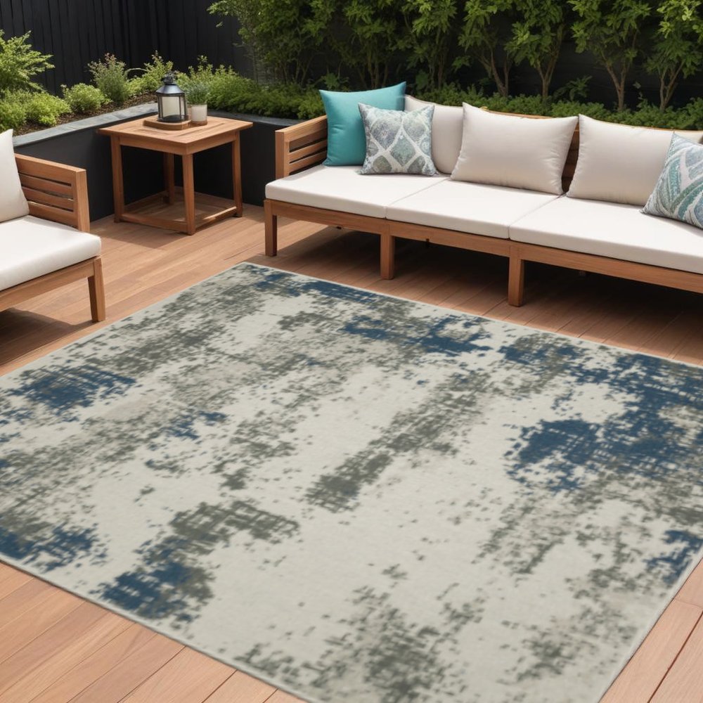 10' X 13' Blue and Beige Abstract Stain Resistant Indoor Outdoor Area Rug