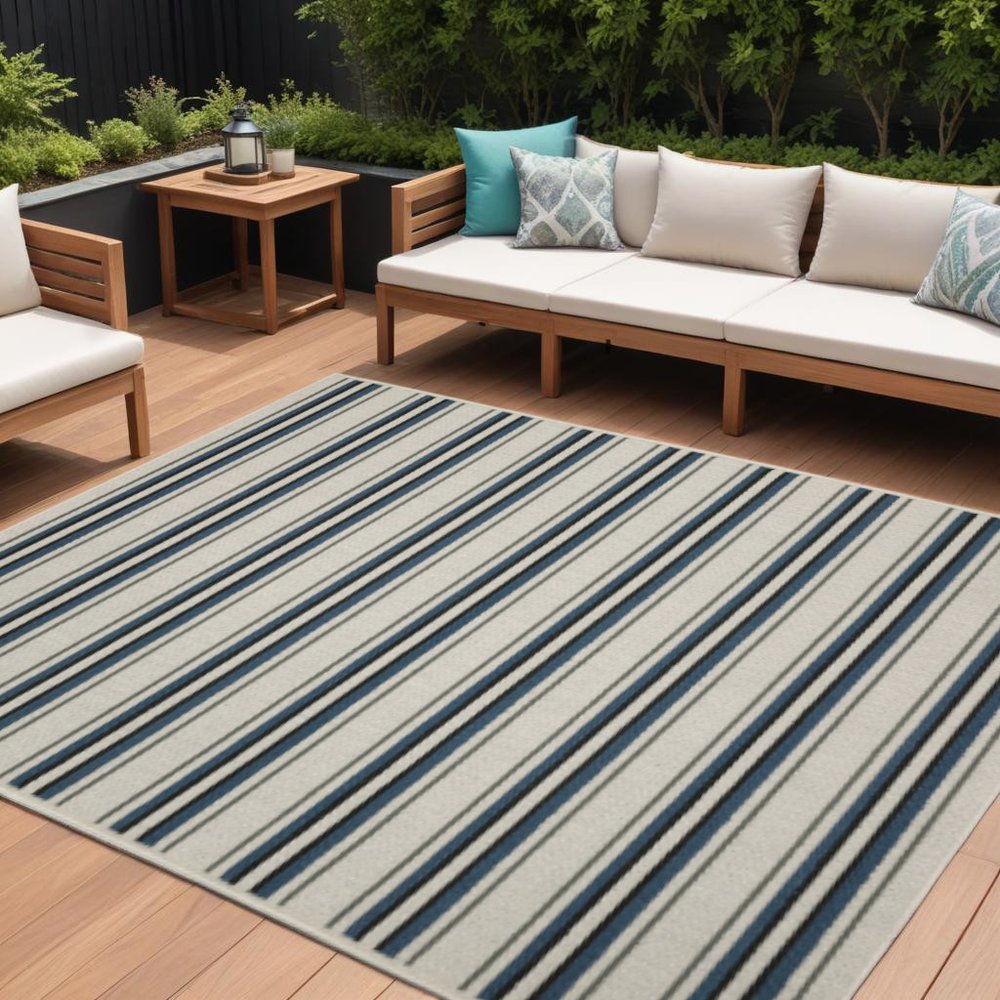 8' X 10' Blue and Beige Geometric Stain Resistant Indoor Outdoor Area Rug