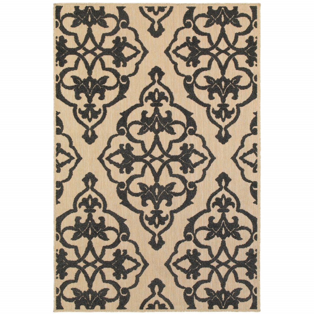 2' X 3' Beige and Black Oriental Stain Resistant Indoor Outdoor Area Rug