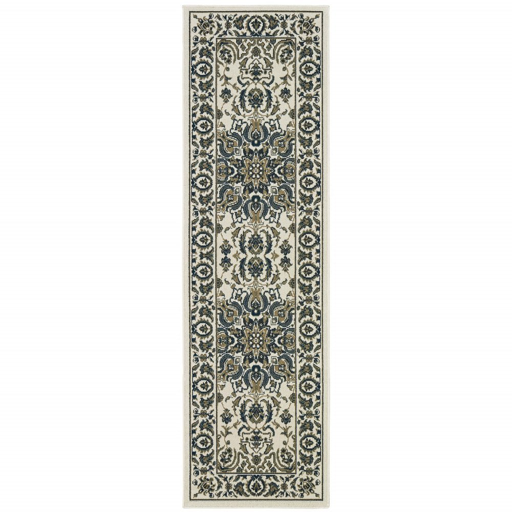 2' X 8' Ivory and Blue Oriental Stain Resistant Indoor Outdoor Area Rug