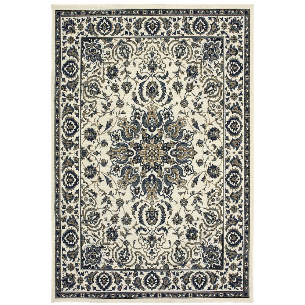 9' X 13' Ivory And Blue Oriental Indoor Outdoor Area Rug