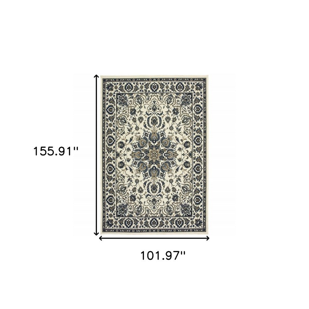 9' X 13' Ivory And Blue Oriental Indoor Outdoor Area Rug