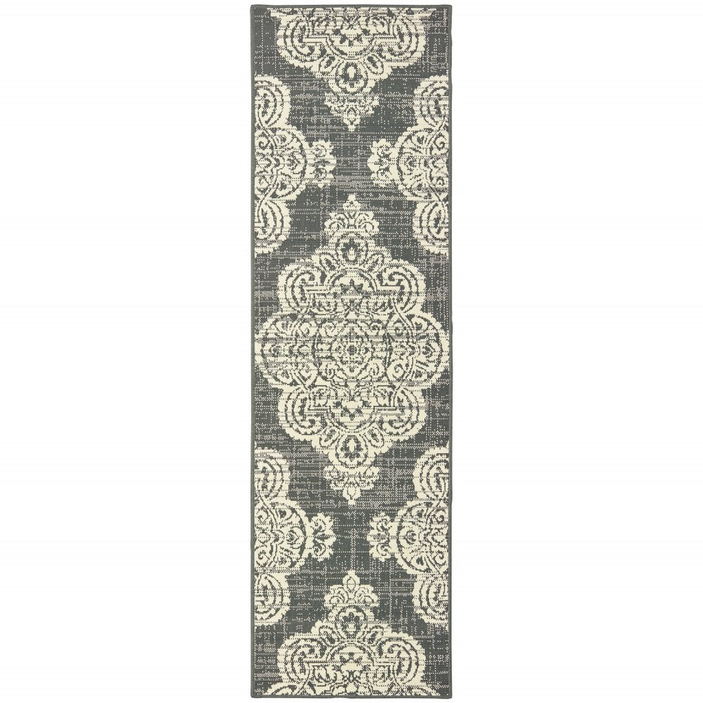 2' X 8' Gray and Ivory Oriental Stain Resistant Indoor Outdoor Area Rug