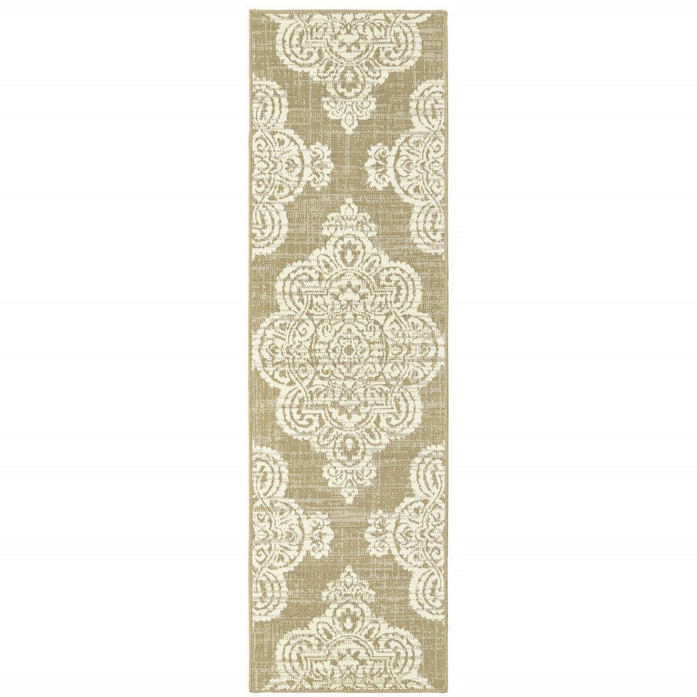 2' X 8' Tan Oriental Stain Resistant Indoor Outdoor Area Rug