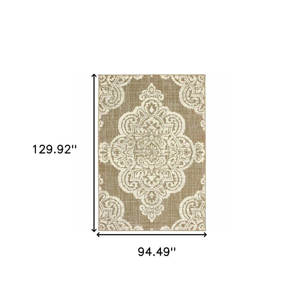 8' X 11' Tan Oriental Stain Resistant Indoor Outdoor Area Rug