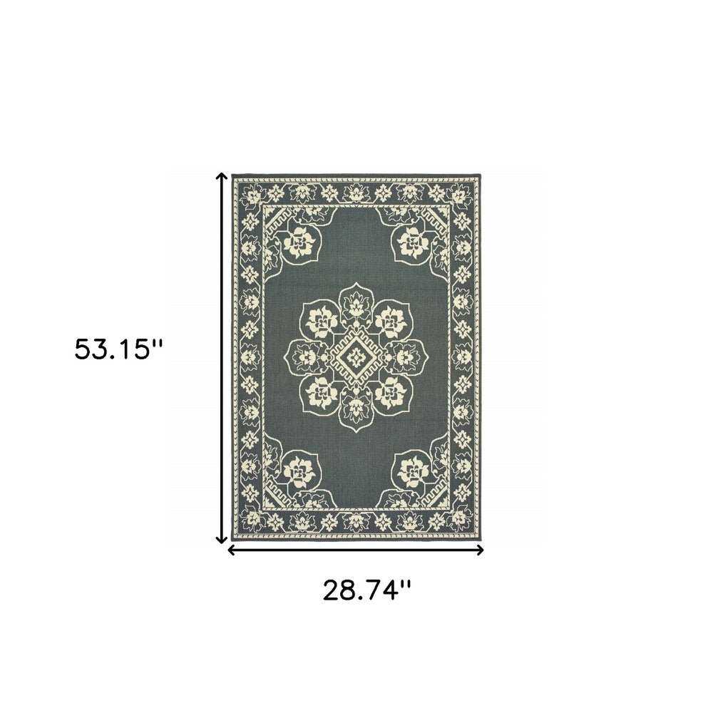 2' X 4' Gray and Ivory Oriental Stain Resistant Indoor Outdoor Area Rug