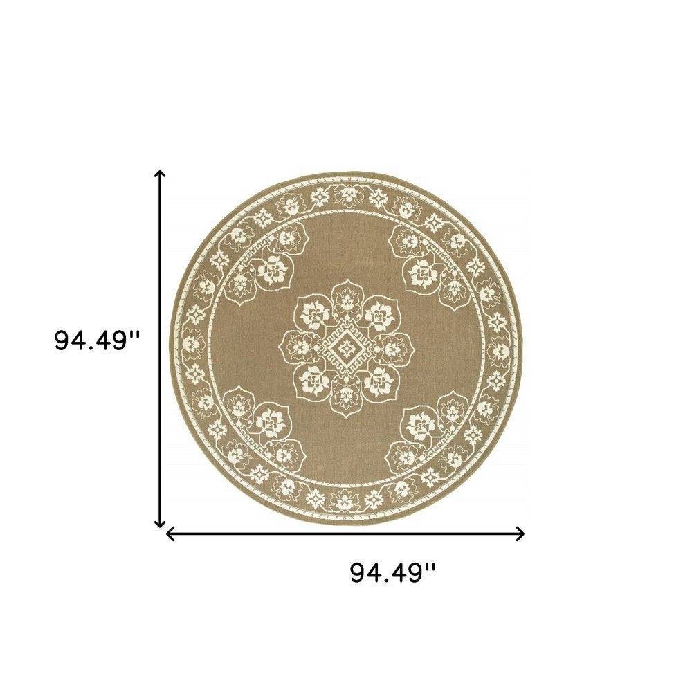 8' X 8' Tan Round Oriental Stain Resistant Indoor Outdoor Area Rug