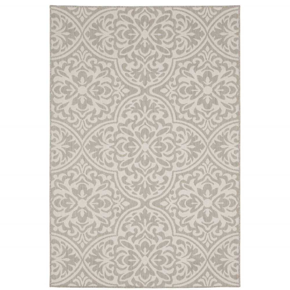 8' X 10' Gray and Ivory Floral Stain Resistant Indoor Outdoor Area Rug