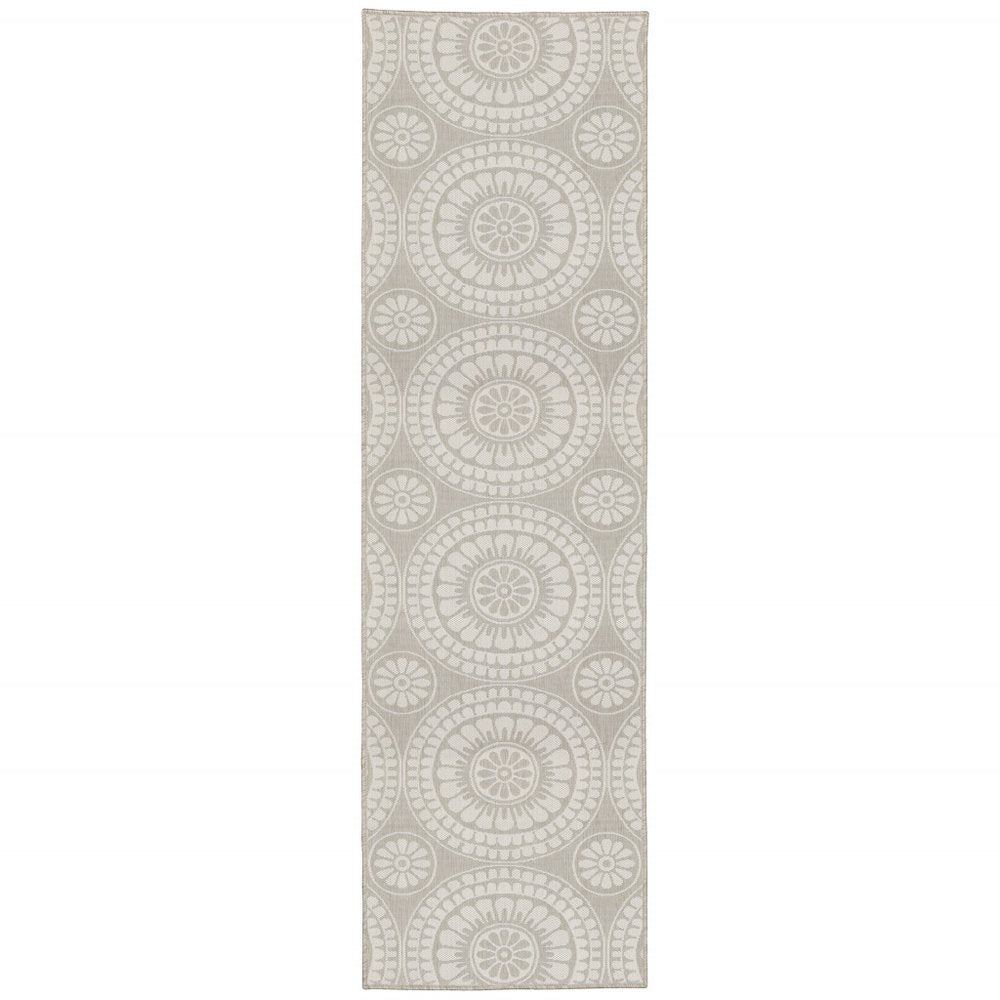 2' X 7' Gray and Ivory Geometric Stain Resistant Indoor Outdoor Area Rug