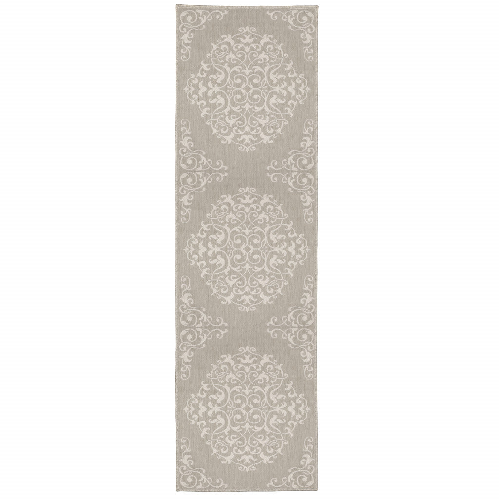 2' X 7' Gray and Ivory Oriental Stain Resistant Indoor Outdoor Area Rug
