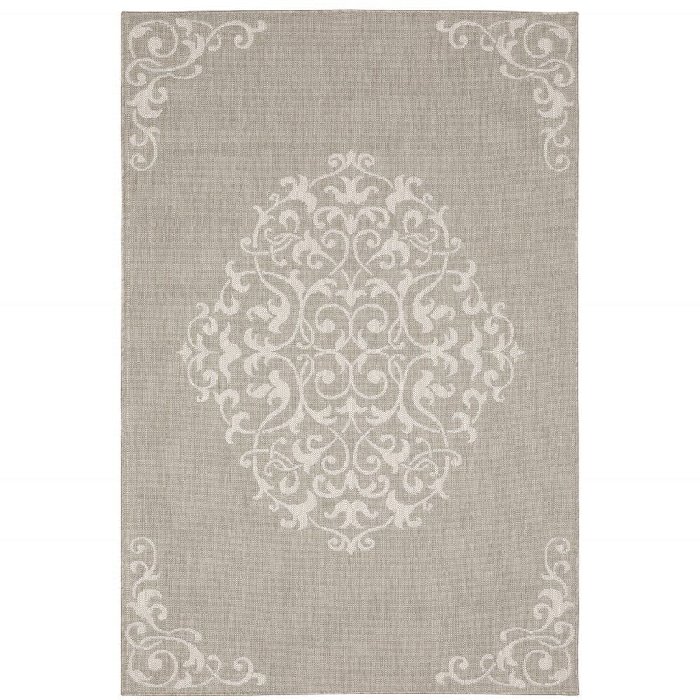 8' X 10' Gray and Ivory Oriental Stain Resistant Indoor Outdoor Area Rug