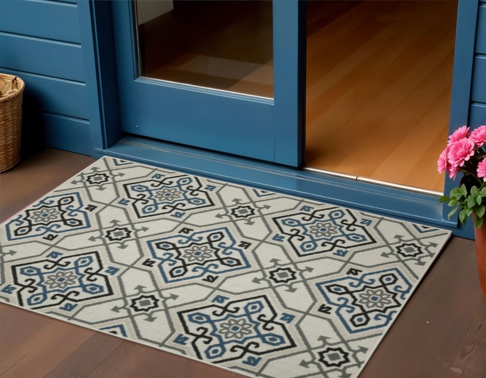 3' X 5' Blue and Beige Oriental Stain Resistant Indoor Outdoor Area Rug