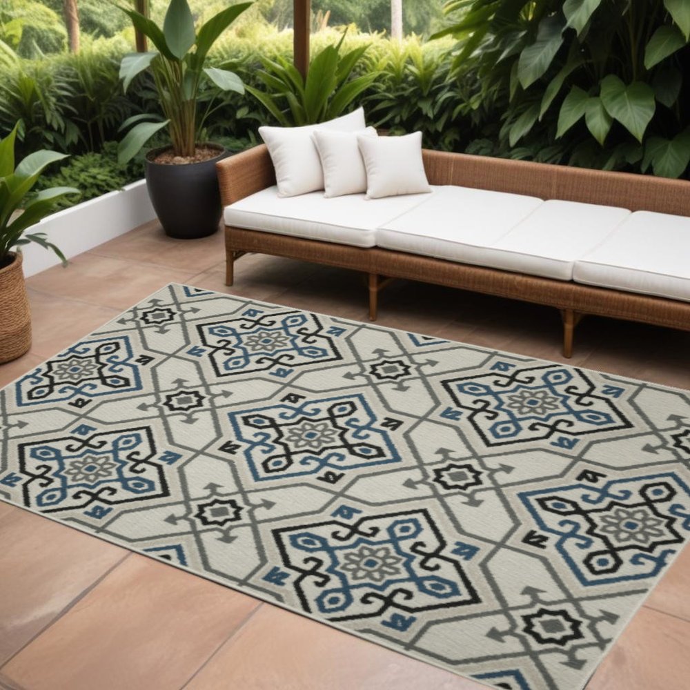 7' X 9' Blue and Beige Oriental Stain Resistant Indoor Outdoor Area Rug
