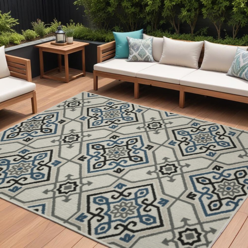 8' X 10' Blue and Beige Oriental Stain Resistant Indoor Outdoor Area Rug