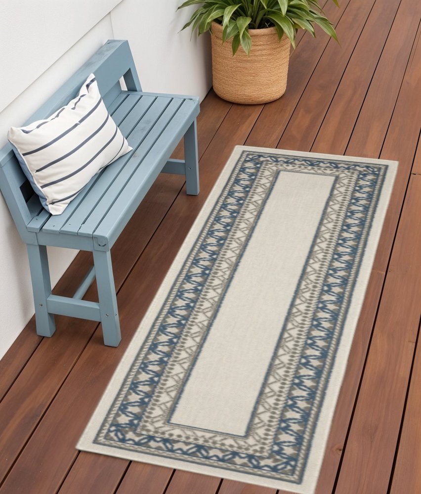 2' X 7' Blue and Beige Stain Resistant Indoor Outdoor Area Rug