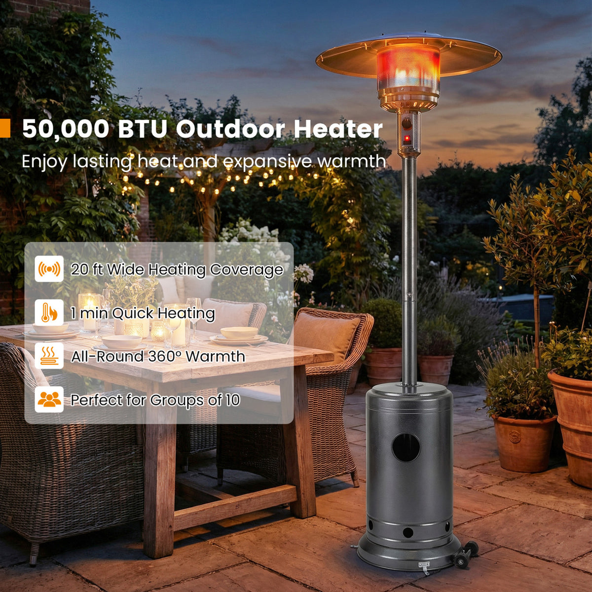 50 000 BTU Patio Propane Gas Heater with Stainless Steel Burner-Gray