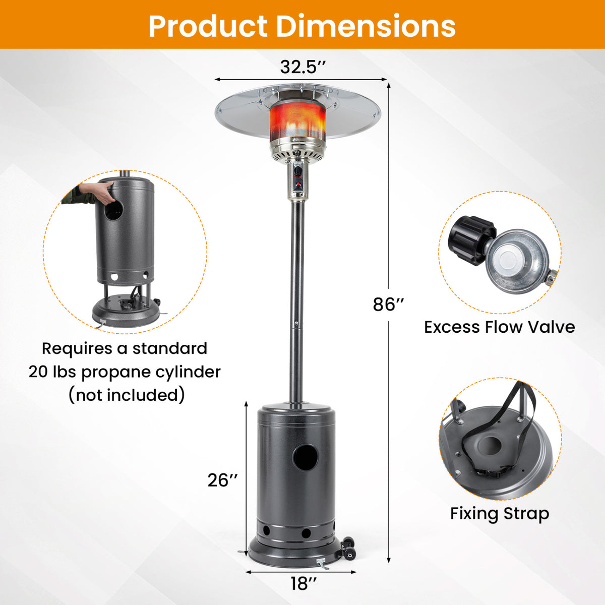 50 000 BTU Patio Propane Gas Heater with Stainless Steel Burner-Gray