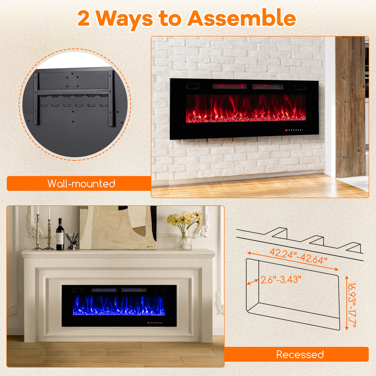 42/50/60/72 Inch Ultra-Thin Electric Fireplace with Decorative Crystals-50 inches