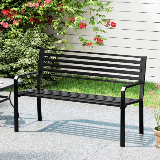 50 Inch Outdoor Metal Park Bench Patio Slatted Garden Bench for 2-3 People-Black