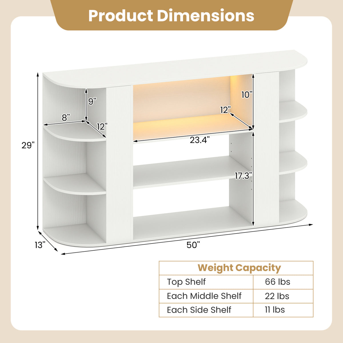 50 Inch TV Stand for 55 Inch TV with RGB Lights Entertainment Center with Adjustable and Removable Shelf-White