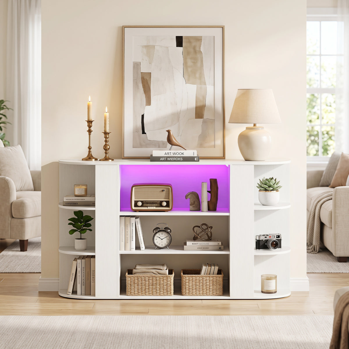 50 Inch TV Stand for 55 Inch TV with RGB Lights Entertainment Center with Adjustable and Removable Shelf-White