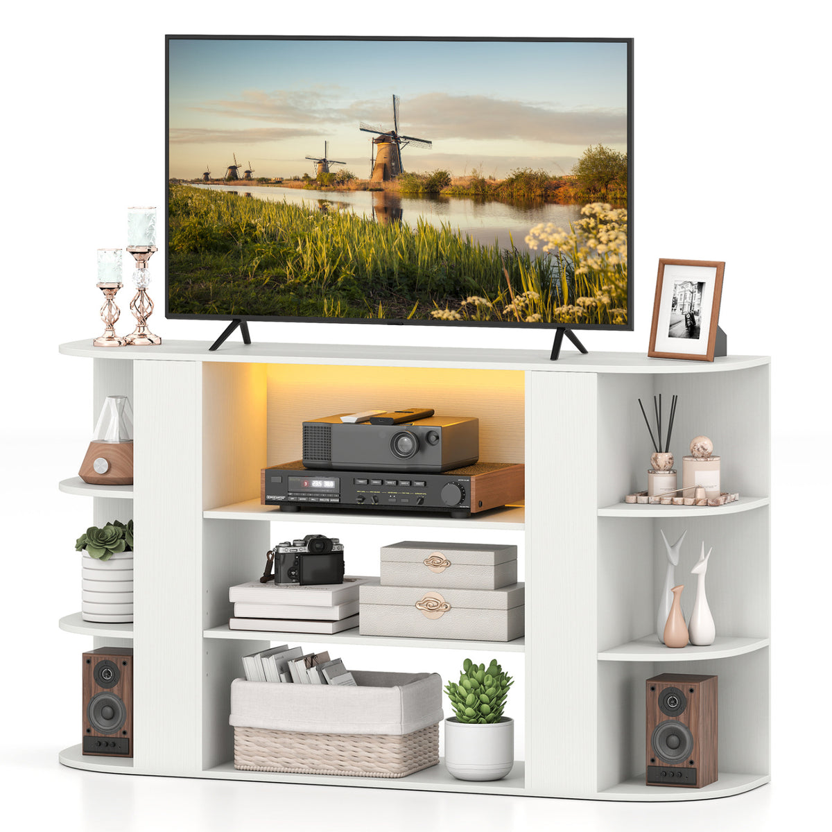 50 Inch TV Stand for 55 Inch TV with RGB Lights Entertainment Center with Adjustable and Removable Shelf-White