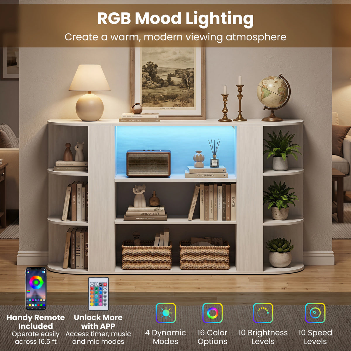 50 Inch TV Stand for 55 Inch TV with RGB Lights Entertainment Center with Adjustable and Removable Shelf-White