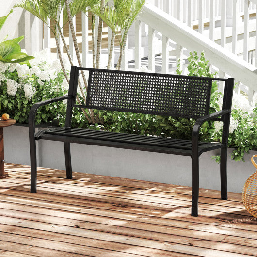 50 Inches Garden Bench with Patterned Backrest and Curved Armrests-Black