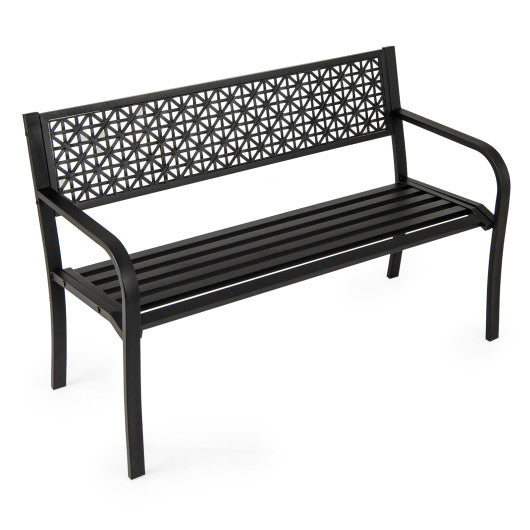 50 Inch Garden Bench with Patterned Backrest and Curved Armrests for 2-3 Person-Black