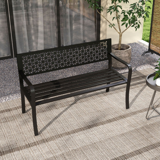 50 Inch Garden Bench with Patterned Backrest and Curved Armrests for 2-3 Person-Black